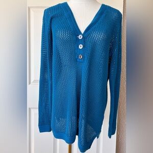 Chico's Teal Blue Open-Knit V-Neck Sweater with Button Placket
